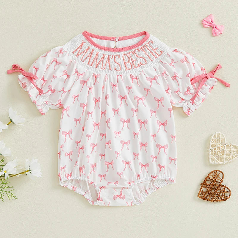 Baby Girl Romper for Summer Smocked Loose Fit Letter Embroidery Bow Pattern Crew Neck Bubble Short Sleeve Infant Jumpsuit
