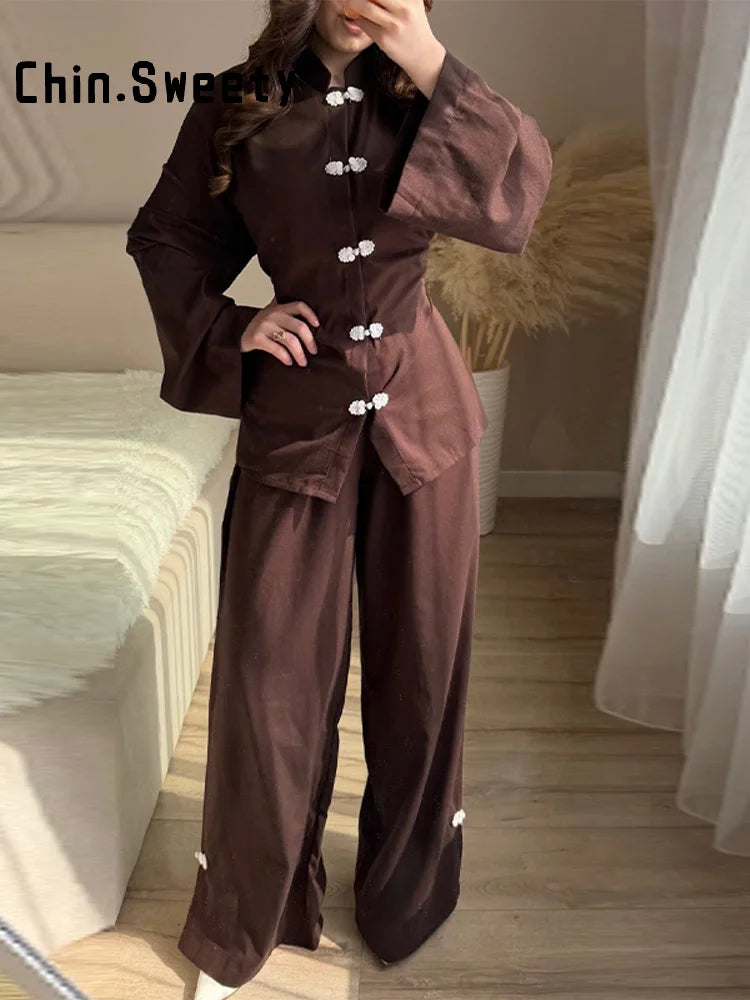 Fashion Women's Linen Frog Buttons Top Pants Sets Stand Collar Mandarin Shirt Wide Leg Pant 2026 Spring Summer Lady Holiday Suit