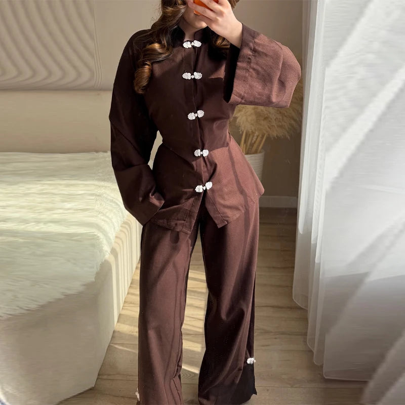 Fashion Women's Linen Frog Buttons Top Pants Sets Stand Collar Mandarin Shirt Wide Leg Pant 2026 Spring Summer Lady Holiday Suit