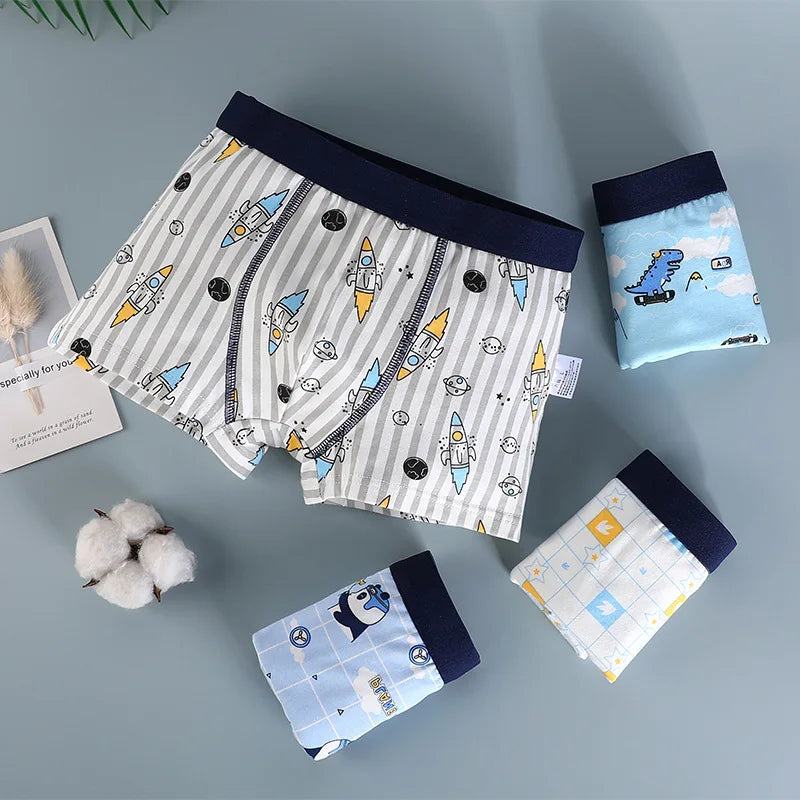 4PCS/Lot Children's Underwear Boys Pure Cotton Cartoon Print Panties For 1-13Years Student Boxer Shorts