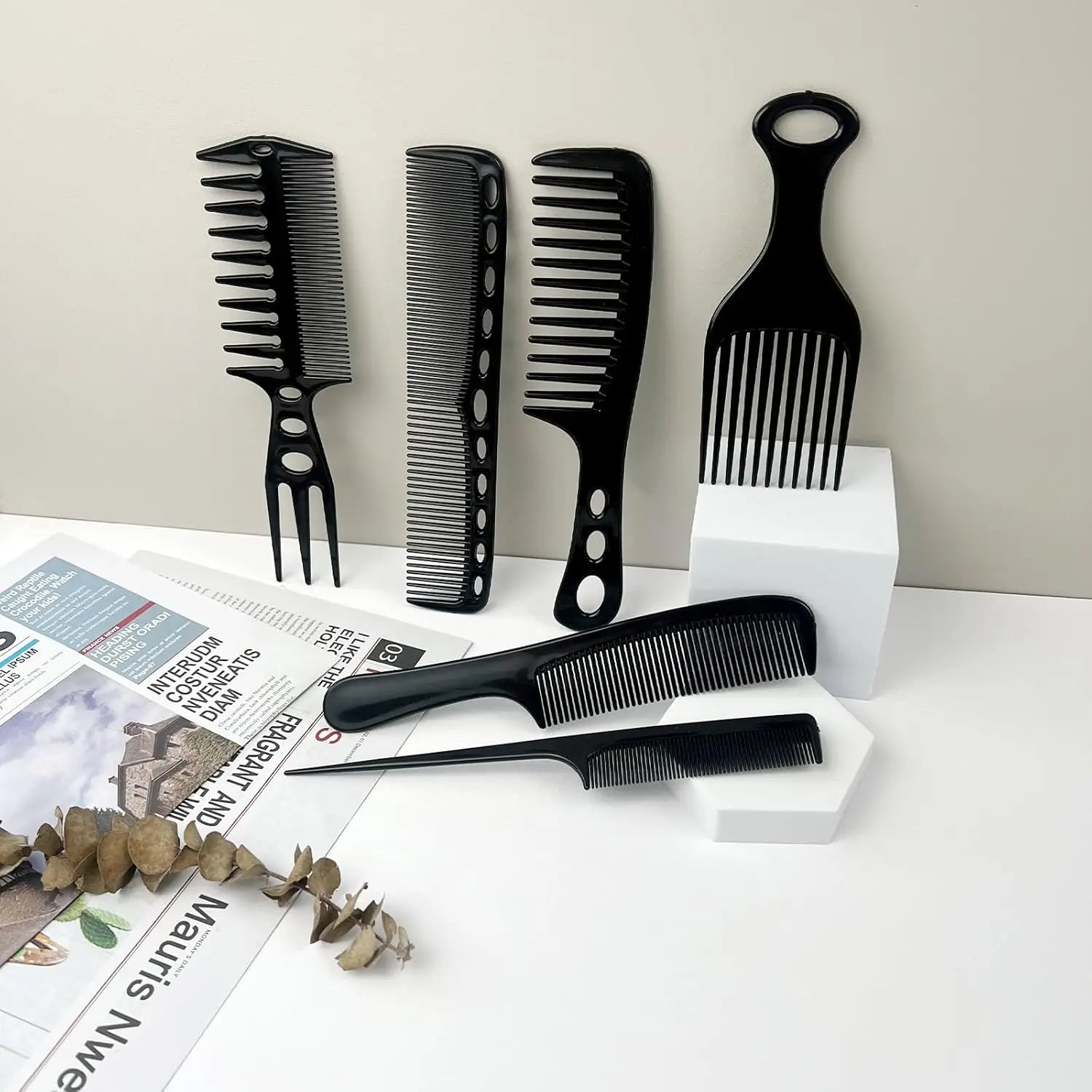 6PCS Wide Tooth Detangling Comb Set Anti-Static Hair Styling Combs for Curly Straight Long Hair Black