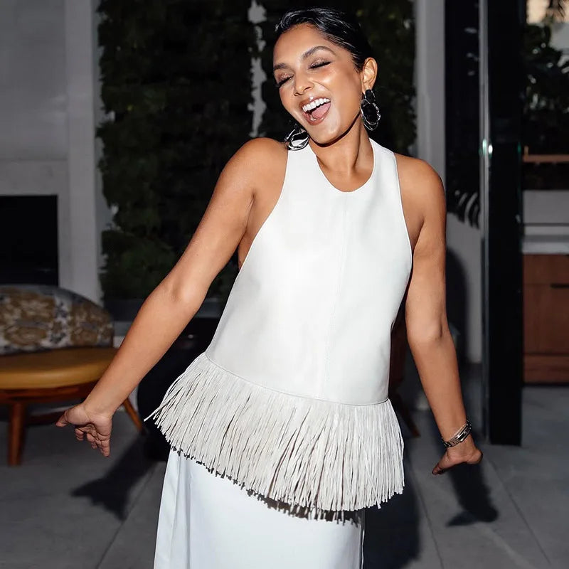 Vintage Faux Leather Tassel Vests Women's Slim Sleeveless Backless Halter Tops 2026 New Ladies Spring Summer Solid Outwear