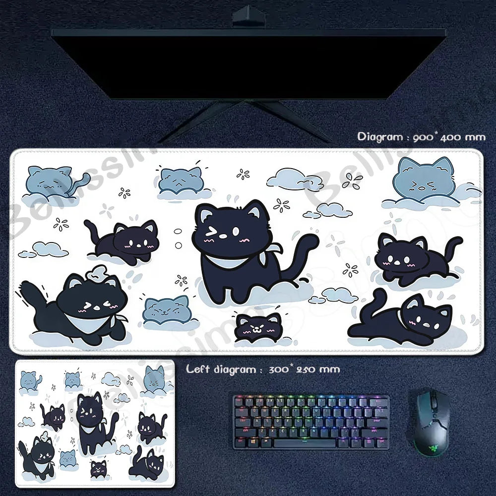 Blue Cloud Mouse Pad Cute Black Cat Mousepad Keyboard Extended Mat Large Gamer Mouse Mats E-Sports Desk Pad Gaming Accessories