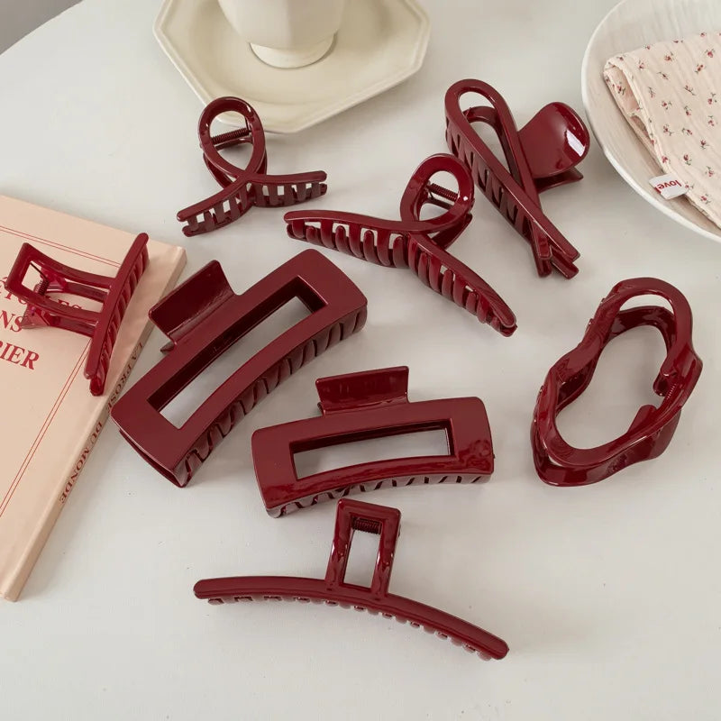 Plastic Red Hair Claw Women Girls Large Geometric Acrylic Crab Hair Clamp Elegant Barrettes Clip Female Fashion Hair Accessories
