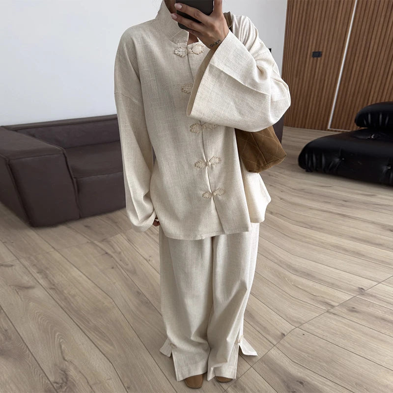 Fashion Women's Linen Frog Buttons Top Pants Sets Stand Collar Mandarin Shirt Wide Leg Pant 2026 Spring Summer Lady Holiday Suit